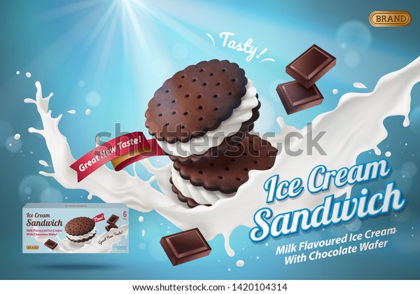 ボケ背景にアイスクリームサンドイッチクッキー広告と 飛び散るミルクとチョコレート のベクター画像素材 ロイヤリティフリー