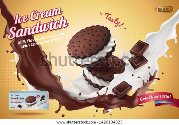 Ice cream sandwich cookie\
ads with splashing milk and chocolate in 3d illustration, yellow\
background