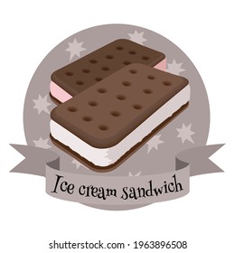 Ice cream sandwich traditional american snask with biscuit cookies. Summer frozen dessert. Colorful illustration for cafe and restaurant menu, logo, label or food packaging.