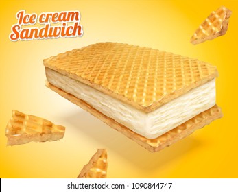 Ice cream sandwich with wafer cookies and milk fillings illustration, chrome yellow background