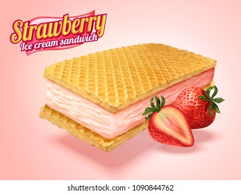 Ice cream sandwich with wafer cookies and strawberry fillings illustration, light pink background