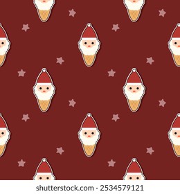 Ice cream Santa Claus cartoon so cute. On star red background. Pattern seamless vector illustration. 