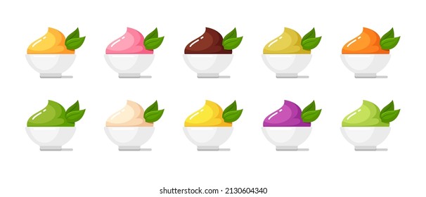 Ice cream, sauces, yogurts, puree and dips in white bowls. Vector cartoon set of baby food, mayonnaise, fruit yoghurts, chocolate mousse, wasabi, avocado dressing and creamy vanilla desserts