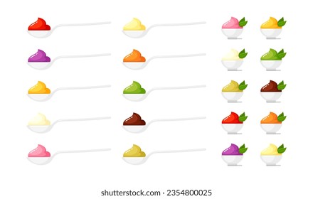 Helados, salsas, yogures, puré y mermeladas en cuenco blanco y cucharas. Juego de dibujos animados vectoriales de comida para bebés, mayonesa, yogur de frutas, mousse de chocolate, wasabi, ketchup y postres cremosos de vainilla en tazas