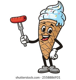 Ice Cream with sausage,  Cartoon Character Mascot Illustration Vector Clip-art Hand-drawn Logo Design