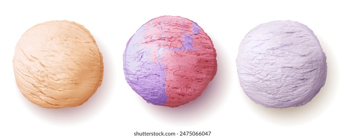 Ice cream scoop ball top view. Beige, violet and two color purple and pink frozen summer dessert with texture. Realistic 3d vector illustration set of sweet gelato or sorbet with various flavors.