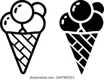 Ice Cream Scoop Cone Icon Set – Black and White Dessert Sweet Symbol Vector Illustration