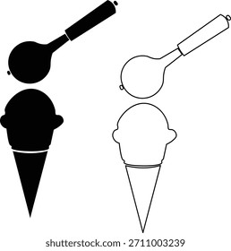 Cuchara de helado y cono con cucharada sólida y Vector de Vector de contorno