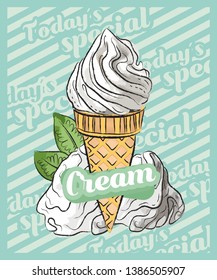 Ice cream scoop in cone. Vector sketch illustration. Fruit ice cream idea, concept