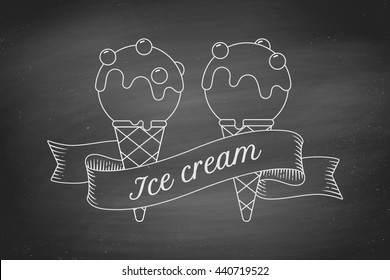 Ice cream scoop in cones and vintage engraving ribbon on black chalk board. Concept design in trendy chalk style for ice cream shop, cafe or menu. Ice cream icon of line graphic. Vector illustration
