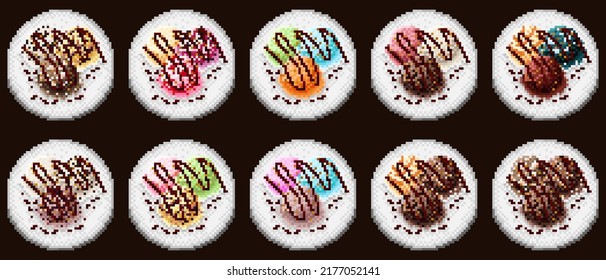 Ice cream scoop menu set pixel art. Vector illustration.