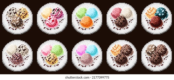 Ice cream scoop menu set pixel art. Vector illustration.