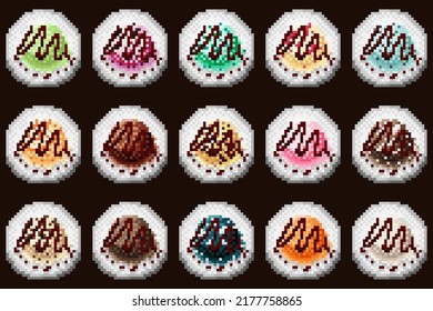 Ice cream scoop menu set pixel art. Vector illustration.