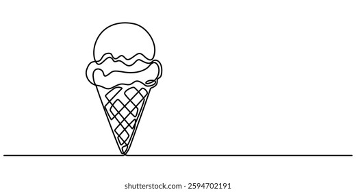 ice cream scoop on waffle cone continuous one line drawing, Ice cream on a stick and in a waffle cone in one continuous pattern. vector illustration,  Black line sketch on white background. Vector pro
