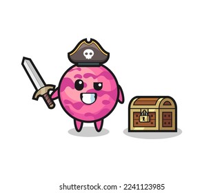 the ice cream scoop pirate character holding sword beside a treasure box , cute style design for t shirt, sticker, logo element