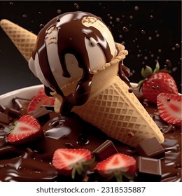 Ice cream scoop topped with rich chocolate sauce sweet dessert 3D vector graphic