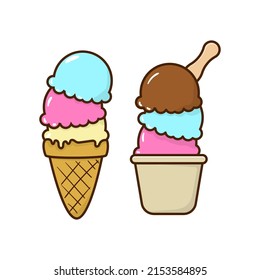 Ice cream scoop vector illustration in cute cartoon style isolated on white background