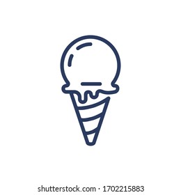 Ice cream scoop with waffle cone thin line icon. Melting icecream, gelato, wafer isolated outline sign. Food and dessert concept. Vector illustration symbol element for web design and apps
