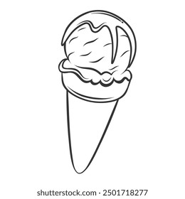 Ice cream scoop in waffle cone icon, doodle gelato with syrup. Funny drops of liquid topping or chocolate sauce drip from sundae ball. Dessert mascot, hand drawn ice cream icon vector illustration
