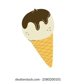 Ice Cream scoop in waffle Cone drizzled with Chocolate. Cold summer creamy dessert with brown glaze. Isolated Dairy sweet food. Creme brulee. Tasty Sweetness. Flat style. Color vector illustration