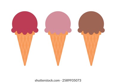 Ice cream scoop and waffle cone. Ice cream icons set. Ice cream in waffle cone of different flavors. Isolated vector illustration in flat style.