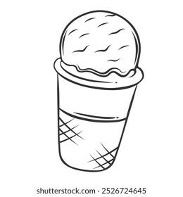 Ice cream scoop in waffle cup icon, doodle gelato for summer heat. Funny retro sketch of sundae ball in cornet with wafer texture. Dessert mascot, hand drawn ice cream icon vector illustration