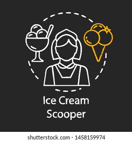 Ice Cream Scooper Chalk Icon. Food And Beverage Service Job. Catering, Cafe, Ice Cream Shop Worker, Staff. Part-time Employment. Entry-level Job. Isolated Vector Chalkboard Illustration