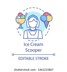 Ice cream scooper concept icon. Food and beverage service job idea thin line illustration. Catering, ice cream shop worker. Part-time employment. Vector isolated outline drawing. Editable stroke