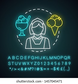 Ice cream scooper neon light icon. Food and beverage service job. Catering, ice cream shop worker. Part-time employment. Glowing sign with alphabet, numbers and symbols. Vector isolated illustration