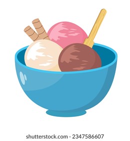 Ice cream scoops in a bowl flat vector design isolated on white background