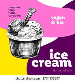 Ice cream scoops in bowl, retro hand drawn vector illustration. Frozen sweet dessert, vintage engraving sketch poster, promo design.