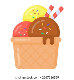 Ice cream scoops  bucket in flat icon