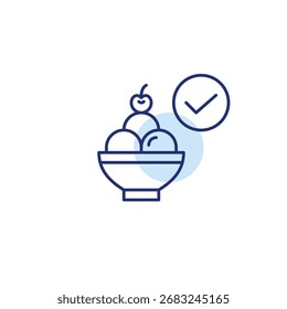 Cucharas de helado, cereza y marca de verificación. Postre, salud y calidad aprobados. Icono de Vector de trazo perfecto y editable