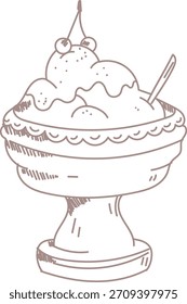 Eiscreme mit Kirsche in einem Becher und Löffel, handgezeichnete Linienarbeit mit Schlüpfen. Dessertschüssel, die Schöpfungen und Stängelfrüchte in der Kontur gerendert zeigt. Cartoon, Vektorgrafik