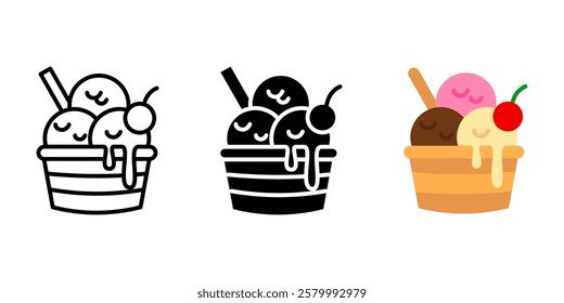 Ice cream with scoops and cherry icon. Frozen dessert in a waffle cup sign. Sweet dairy treat with melting cream symbol. summer snack with chocolate topping pictogram. Tasty ice cream illustration.