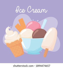 ice cream scoops cone, milk product cartoon vector illustration