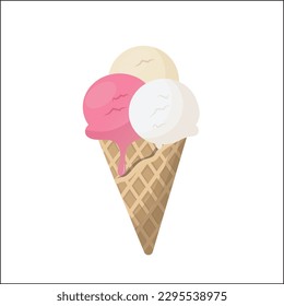 Ice cream scoops with cone with three flavours illustration vector isolated. 