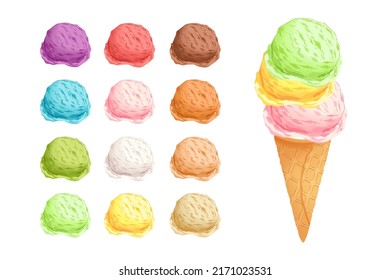 Ice cream scoops to create your own ice cream. Set of colorful cartoon ice cream and waffle cone. Gelato in various flavors. Illustration of seasonal dessert for summer. Ice cream balls.