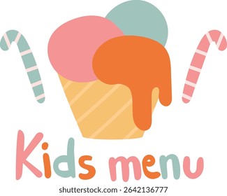Ice cream scoops in a cup with candy canes and playful text in a cartoon style. A cheerful dessert logo featuring sweet treats and colorful lettering. Cartoon vector illustration.