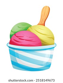 Ice cream scoops in a cup with wooden spoon. Vector cartoon illustration