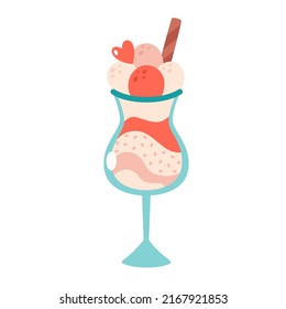 Ice cream scoops in glass with cinnamon stick. Summertime, hello summer. Hand drawn vector illustration