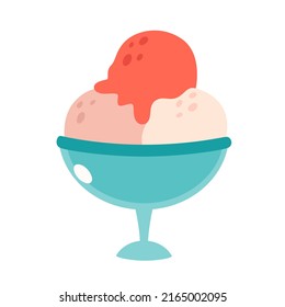 Ice cream scoops in glass with different flavors. Summertime, hello summer. Hand drawn vector illustration