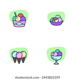 Ice cream scoops line icon set. Gelato for company, bowl with dessert, waffle cones. Food and dessert concept. Vector illustration for web design and apps
