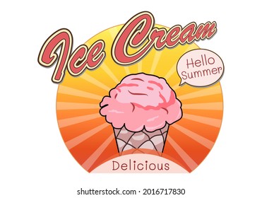 Ice cream scoops melting in waffle cones. Vector typographic style illustration for modern lettering text design shop and logo on product. Sweets dessert menu with food summertime concept.