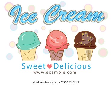 Ice cream scoops melting in waffle cones. Vector typographic style illustration for modern lettering text design shop and logo on product. Sweets dessert menu with food summertime concept.