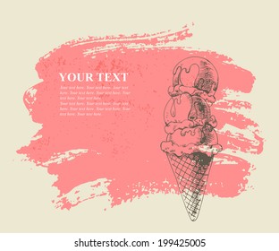 Ice cream scoops on cone on pink grunge background.