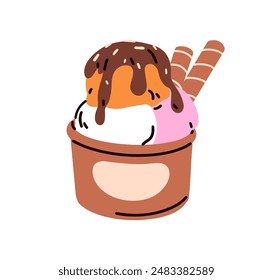 Cucharadas de helado en una taza de papel. Dulce postre congelado, delicia de verano. Helado, leche láctea cremosa deliciosas bolas con almíbar y palitos de gofre. Ilustración vectorial plana aislada sobre fondo blanco