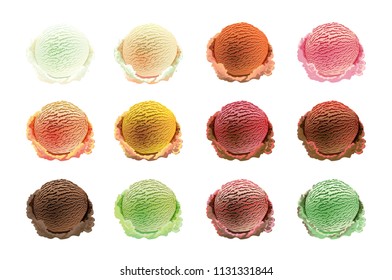 ice cream scoops Set of different colors and flavours with berries, nuts and fruits decoration isolated on white background vector art