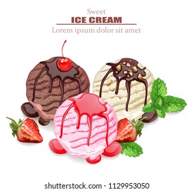 Ice cream scoops Vector. Chocolate, vanilla and strawberry flavors