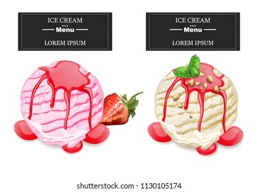 Ice cream scoops Vector. Chocolate, vanilla and strawberry flavors
